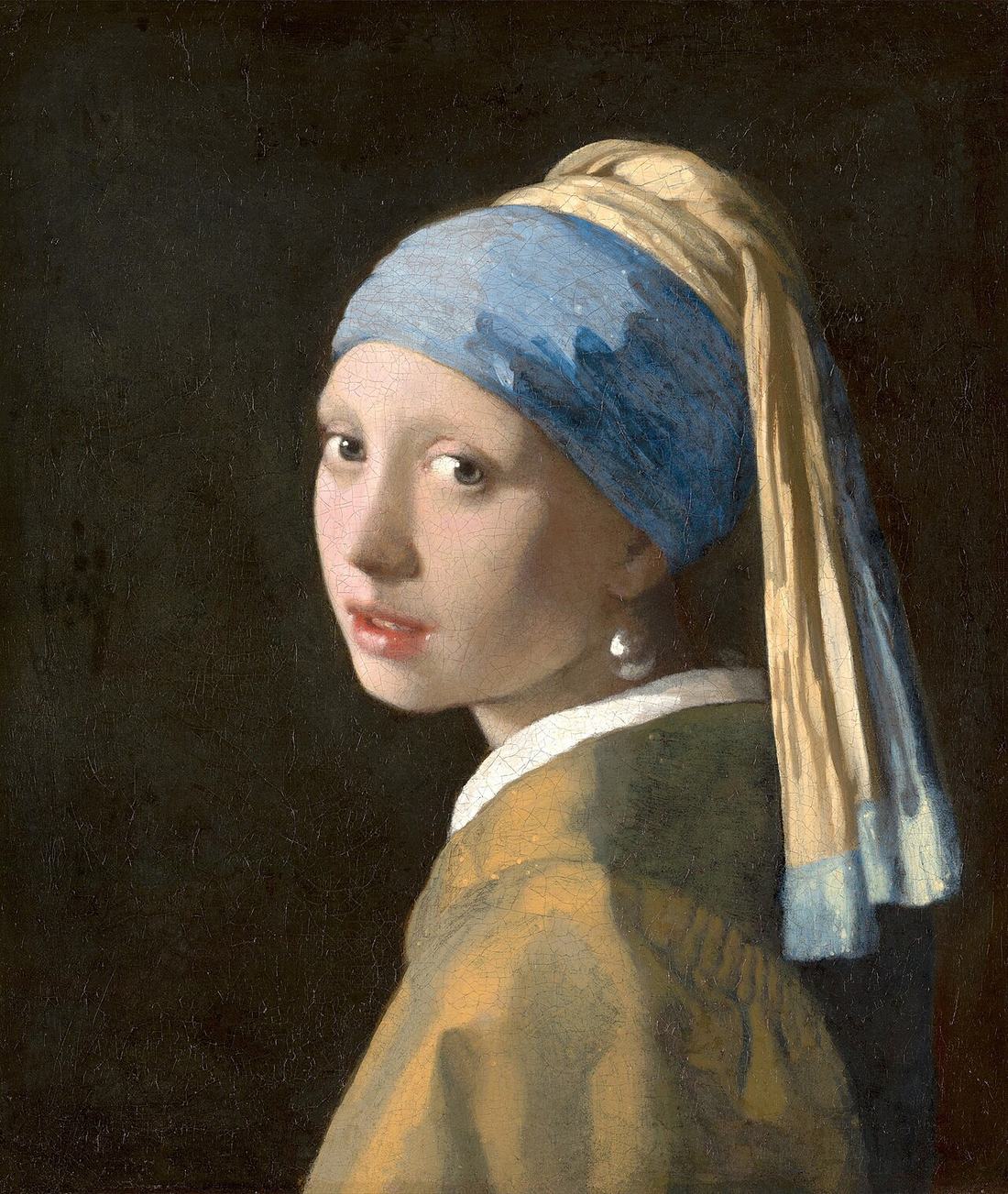 Girl with a Pearl Earring by Johannes Vermeer, about 1665 — a girl in a blue and gold turban turning to look over her shoulder against a dark ground